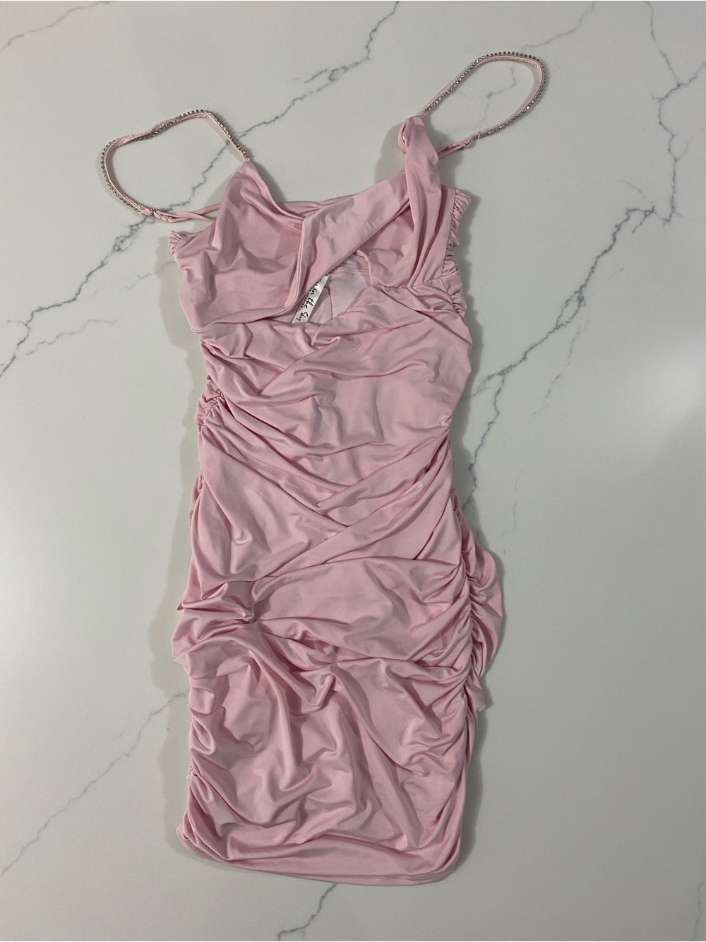 Lucy in the Sky Pink Twist Front Ruched Bodycon Mini Dress Rhinestone Straps S